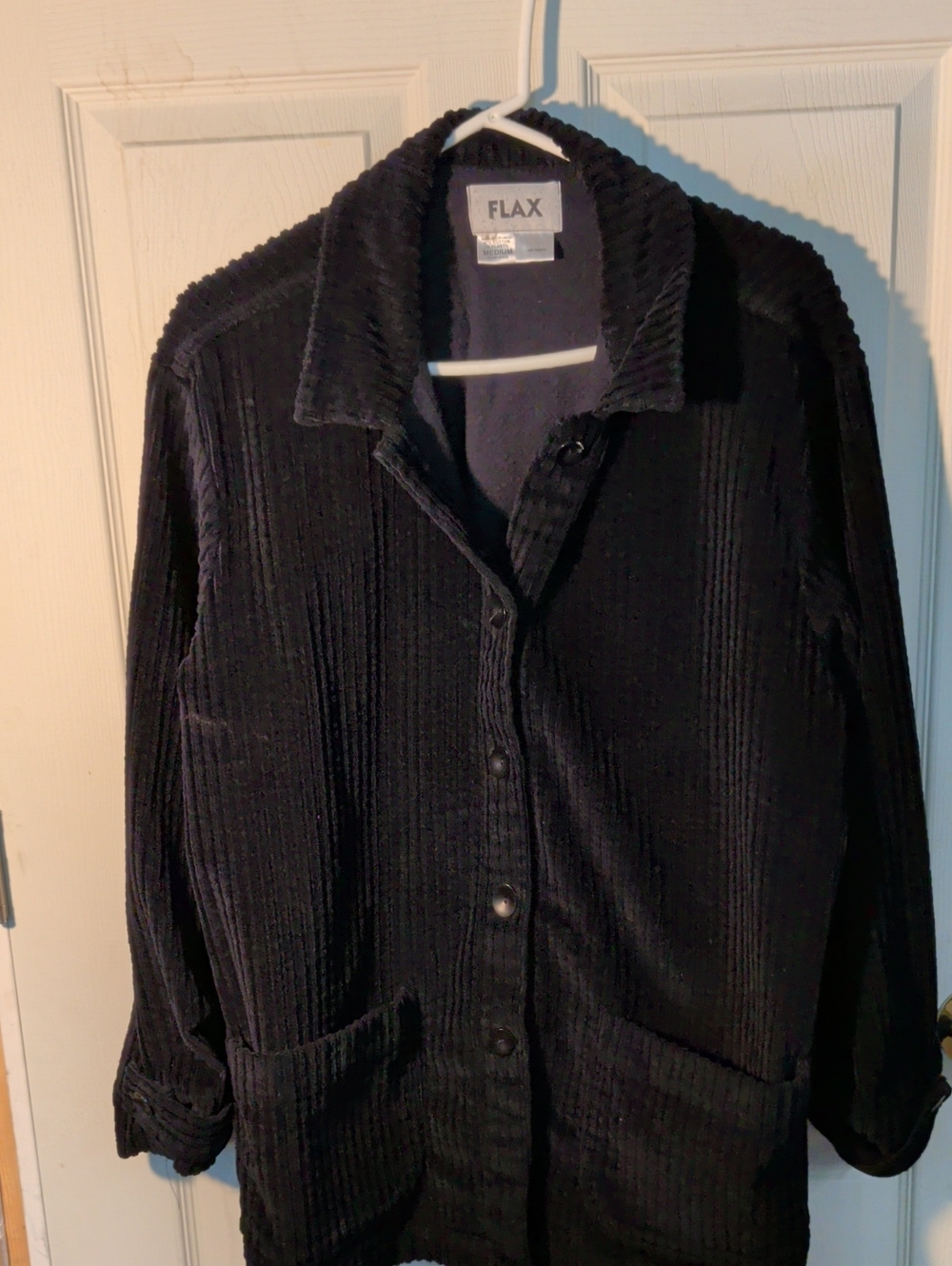 Flax Black Ribbed Button-Front Jacket with Patch Pockets